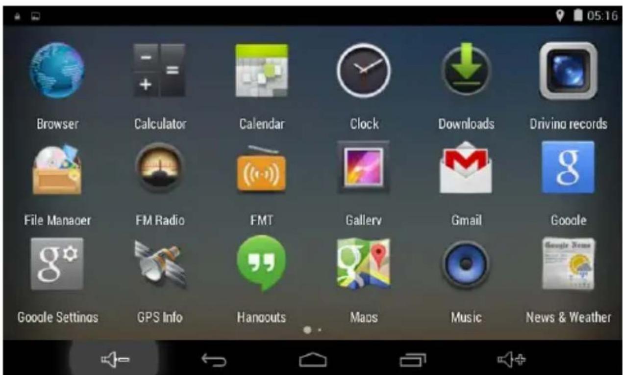 05:16 Browser Calculator Calendar Clock Downloads Driving records File Manager FM Radio FMT Gallery Gmail Google Google Settings GPS Info Hangouts Maps Music News & Weather