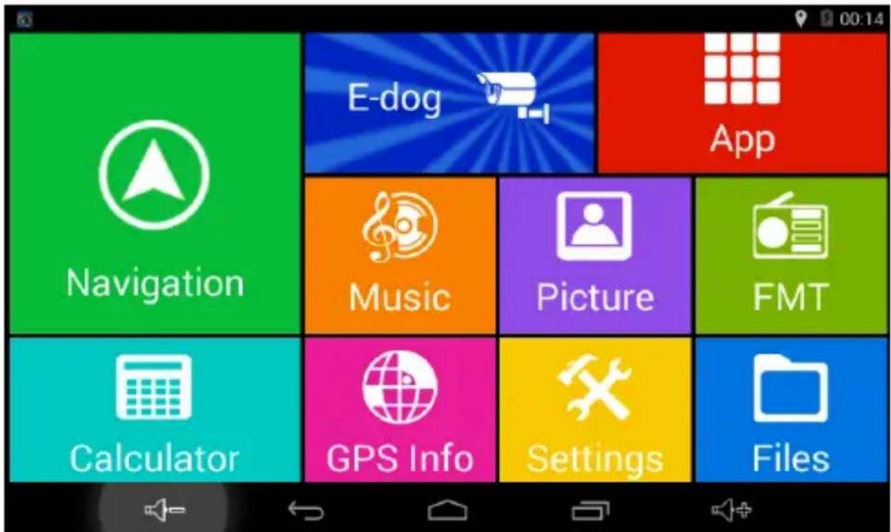 Navigation E-dog App Music Picture FMT Calculator GPS Info Settings Files