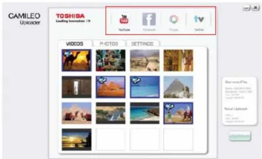 CAMILEO Uploader TOSHIBA Leading Innovation 20 YouTube Facebook Google Twitter VIDEOS PHOTOS SETTINGS Current Files Video: Microsoft Excel Microsoft Office 2001-2003 New York Times Image: Microsoft Visual Options File... Copy: New York Times Image: Microsoft