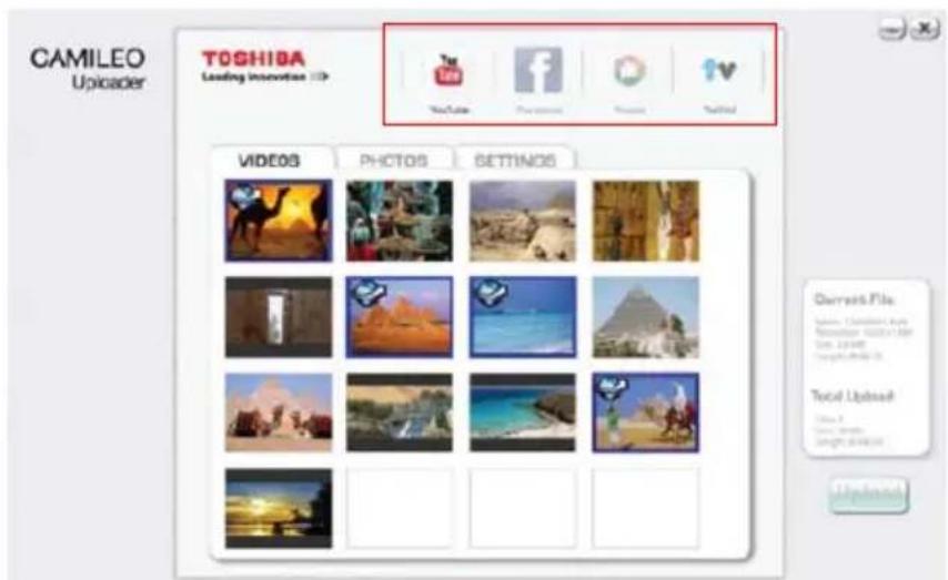 CAMILEO Uploader TOSHIBA Leading Innovation Videos PHOTOS SETTINGS Current File Video 1, Cramble, Auto Recreation: A2000-1994 Top: 5000 Sagittal: 30° Total Upload Video 8 Movie: 600 Single video Download Unpublished