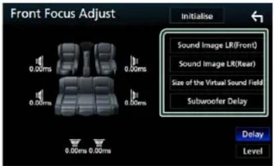 Front Focus Adjust 0.00ms 0.00ms 0.00ms 0.00ms 0.00ms 0.00ms Initialise Sound Image LR(Front) Sound Image LR(Rear) Size of the Virtual Sound Field Subwoofer Delay Delay Level