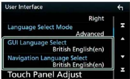 User Interface Right Language Select Mode Advanced GUI Language Select British English(en) Navigation Language Select British English(en) Touch Panel Adjust