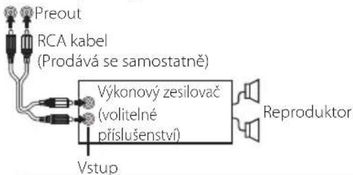 Preout RCA kabel (Prodává se samostatně) Výkonový zesilovač (volitelné příslušenství) Vstup Reproduktor
