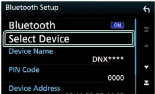 Bluetooth Setup Bluetooth ON Select Device Device Name DNX**** PIN Code 0000 Device Address