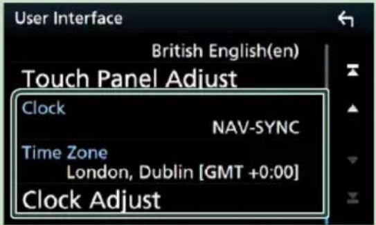 User Interface British English(en) Touch Panel Adjust Clock NAV-SYNC Time Zone London, Dublin [GMT +0:00] Clock Adjust