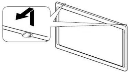 Diagram showing a directional arrow labeled '1' pointing to a rectangular panel, with an inset illustrating the process.