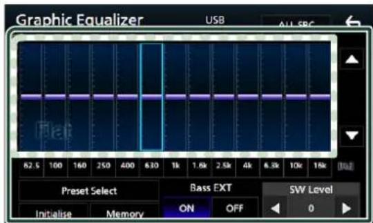 Graphic Equalizer USB ALL SRC 62.5 100 160 250 400 630 1k 1.6k 2.5k 4k 6.3k 10k 16k Preset Select Bass EXT SW Level Initialise Memory ON OFF 0