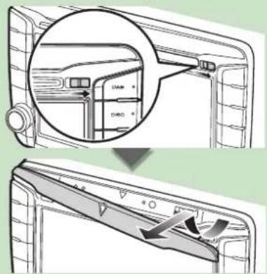Diagram showing door panel insertion and disassembly process with labeled control buttons like DAB and DBO