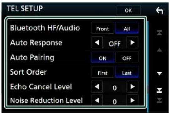 TEL SETUP Bluetooth HF/Audio Front All Auto Response OFF Auto Pairing ON OFF Sort Order First Last Echo Cancel Level 0 Noise Reduction Level 0