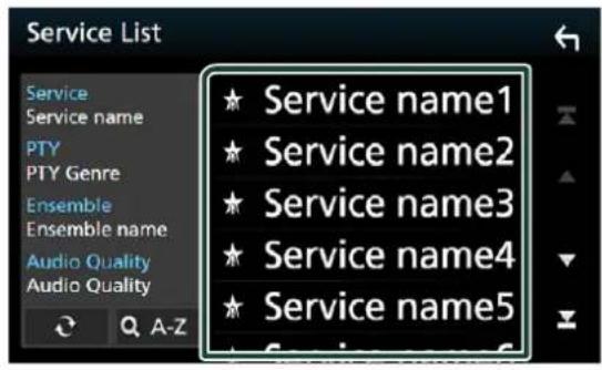 Service List Service Service name PTY PTY Genre Ensemble Ensemble name Audio Quality Audio Quality ★ Service name1 ★ Service name2 ★ Service name3 ★ Service name4 ★ Service name5 Q A-Z