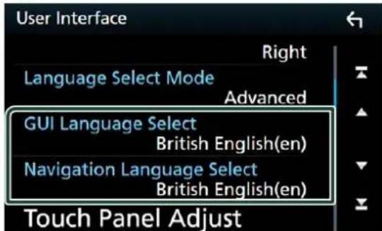 User Interface Right Language Select Mode Advanced GUI Language Select British English(en) Navigation Language Select British English(en) Touch Panel Adjust