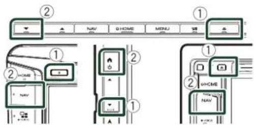 Diagram showing three layout variations of a home control panel with labeled buttons and navigation keys