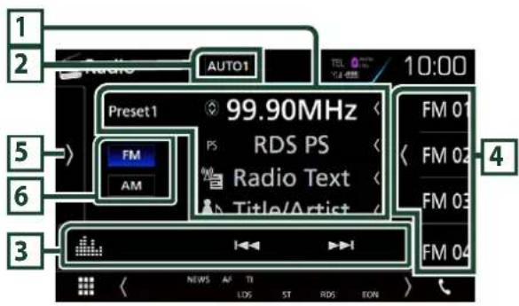 1 2 AUTO1 10:00 Preset1 99.90MHz FM AM 5 6 3 4 FM 01 FM 02 FM 03 FM 04 NEWS AF TI LOS ST RDS EON