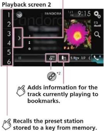 Playback screen 2 1 2 3 4 5 6 PANDORA 1/1 9:15 S.Rlyv 2/2 +2 Adds information for the track currently playing to bookmarks. Recalls the preset station stored to a key from memory.