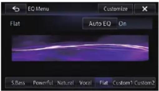 EQ Menu Customize Flat Auto EQ On S.Bass Powerful Natural Vocal Flat Custom1 Custom2