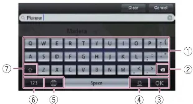 Clear Cancel Pioneer Madera Q W E R T Y U I O P [( A S D F G H J K L : : . Z X C V B N M < > 123 Space OK ⑦ ② ⑥ ⑤ ④ ③