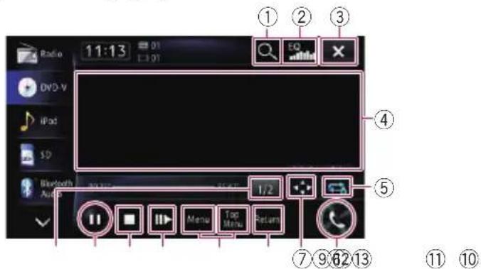 Radio 11:13 01 E:01 ① ② ③ DVD-V iPod SD Bluetooth Audio 20:07 1/2 ④ ⑤ ⑦ ⑨ ⑩ ⑪ ⑫ ⑬ ⑭ Menu Top Menu Return