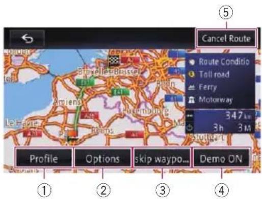Cancel Route Route Conditio Toll road Ferry Motorway 347 km 3h 3M Profile Options skip waypo... Demo ON ① ② ③ ④
