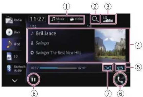 11:27 Music Video EQ 1/13 1.8 ① ② ③ Brilliance Swinger Swinger The Best New Hits 02:55" 02:93" ④ ⑤ Bluetooth Audio ⑥ ⑦ ⑧
