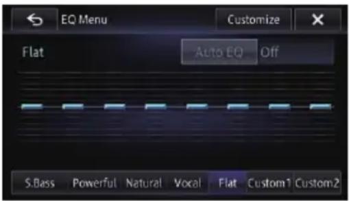 EQ Menu Customize Flat Auto EQ Off S.Bass Powerful Natural Vocal Flat Custom1 Custom2