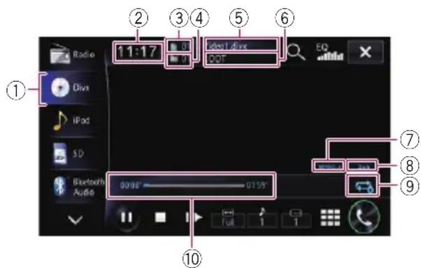 Radio 11:17 Divx iPod SD Bluetooth Audio 00:00' 01:59' EQ ① ② ③ ④ ⑤ ⑥ ⑦ ⑧ ⑨ ⑩