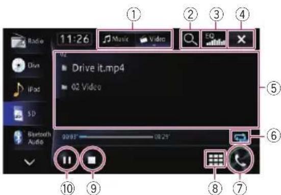 11:26 Music Video EQ Search Drive It.mp4 02 Video 90.03° 18:25° Bluetooth Audio 10 ⑨ ⑥ ⑧ ⑦