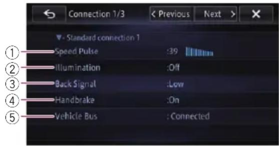 Connection 1/3 Previous Next > ▼ Standard connection 1 Speed Pulse :39 Illumination :Off Back Signal :Low Handbrake :On Vehicle Bus : Connected