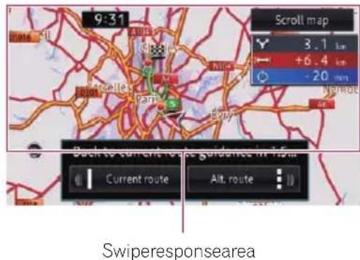 9:31 Scroll map Y 3.1 km +6.4 km -20 m/s Back to current route guidance in 1.5m Current route Alt. route Swiperesponsearea
