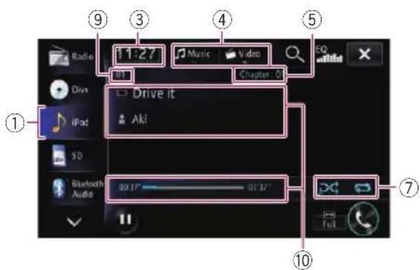 11:27 Radio 01 Music Video Chapter 0 Drive it Aki SD Bluetooth Audio 00:37" - 01:37" ① ② ③ ④ ⑤ ⑦ ⑩ Full