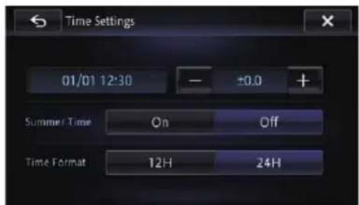 Time Settings 01/01 12:30 - ±0.0 + Summer / Time On Off Time Format 12H 24H