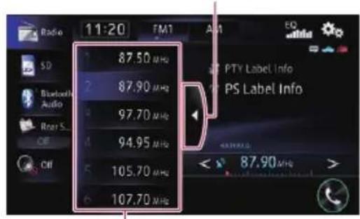 Radio 11:20 FM1 AM SD Bluetooth Audio Rear S Off 87.50 MHz 87.90 MHz 97.70 MHz 94.95 MHz 105.70 MHz 107.70 MHz PTY Label Info PS Label Info 87.90 MHz