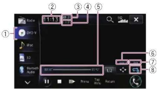 11:13 Radio DVD V IPos SD Bluetooth Audio 90.56" 85.42" 1/2 Menu Top Menu Return EQ 6 7 8