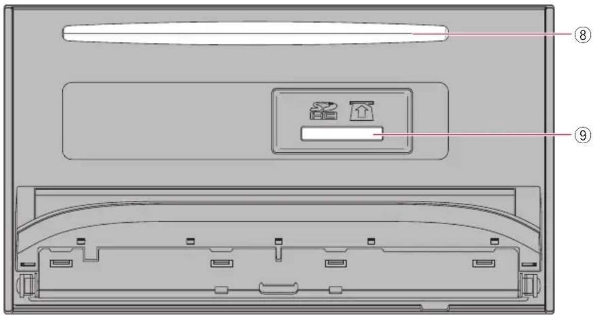 Technical diagram of a device rear panel with labeled components and internal features