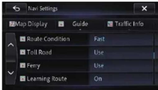 Navi Settings Map Display Guide Traffic Info Route Condition Fast Toll Road Use Ferry Use Learning Route On