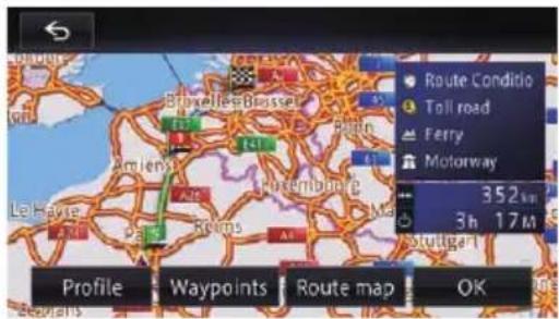 Route Conditio Toll road Ferry Motorway 352 km 3h 17 M Profile Waypoints Route map OK