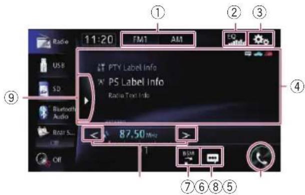 Radio 11:20 FM1 AM USB SD Bluetooth Audio Roar S... Off PTY Label Info PS Label Info Radio Text Info 87.50 MHz BSSR ① ② ③ ④ ⑦ ⑥ ⑧ ⑤