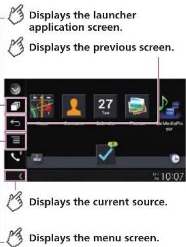 Displays the launcher application screen. Displays the previous screen. Displays the current source. Displays the menu screen.