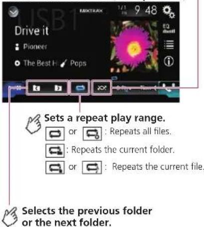 Drive it Pioneer The Best H - Pops Sets a repeat play range. or : Repeats all files. : Repeats the current folder. or : Repeats the current file. Selects the previous folder or the next folder.
