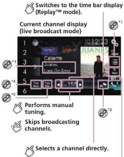 Switches to the time bar display (Replay™ mode). Current channel display (live broadcast mode) 1 2 3 4 5 6 *1 *2 *3 *4 *5 SYM1 JUANES Caliente Juanes Logo De Amor Su 150 Performs manual tuning. Skips broadcasting channels. Selects a channel directly.