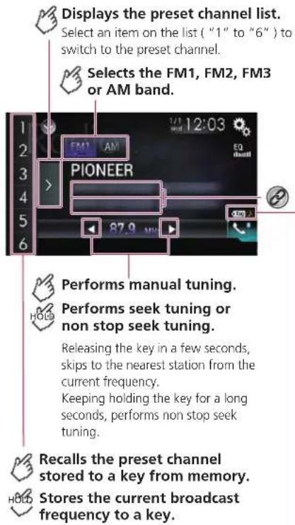 Displays the preset channel list. Select an item on the list ("1" to "6") to switch to the preset channel. Selects the FM1, FM2, FM3 or AM band. PIONEER Performs manual tuning. Performs seek tuning or non stop seek tuning. Releasing the key in a few seconds, skips to the nearest station from the current frequency. Keeping holding the key for a long seconds, performs non stop seek tuning. Recalls the preset channel stored to a key from memory. Stores the current broadcast frequency to a key.