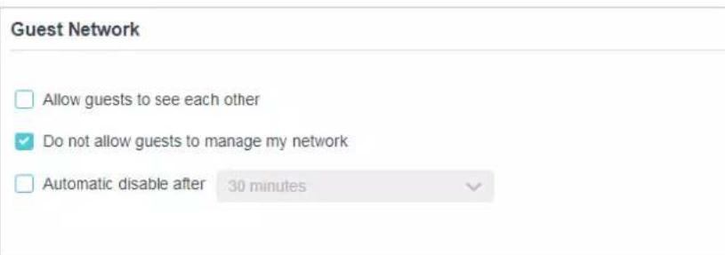 Guest Network Allow guests to see each other ✓ Do not allow guests to manage my network Automatic disable after 30 minutes