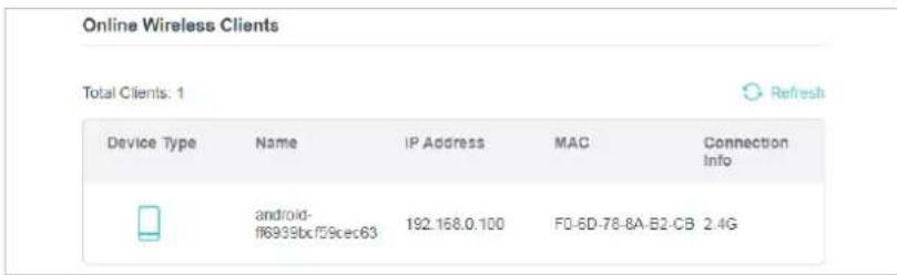 Online Wireless Clients Total Clients: 1 Device Type Name IP Address MAC Connection Info android- f6999bc f59cec63 192.168.0.100 F0-6D-78-8A-B2-CB 2.4G