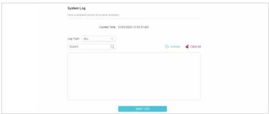 System Log View a sorted record of system activities Current Time: 01/01/2020 12:54:31 Am Log Type: ALL Search Refresh Clear All SAVE LOG