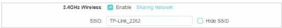 2.4GHz Wireless: Enable Sharing Network SSID: TP-Link_2262 Hide SSID