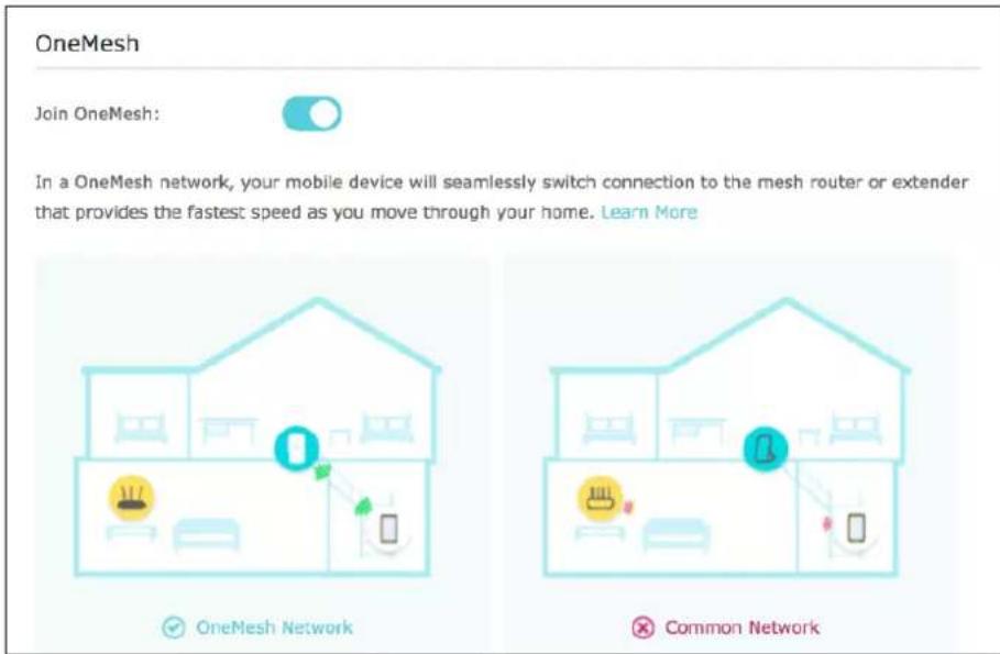 OneMesh Join OneMesh: In a OneMesh network, your mobile device will seamlessly switch connection to the mesh router or extender that provides the fastest speed as you move through your home. Learn More OneMesh Network Common Network