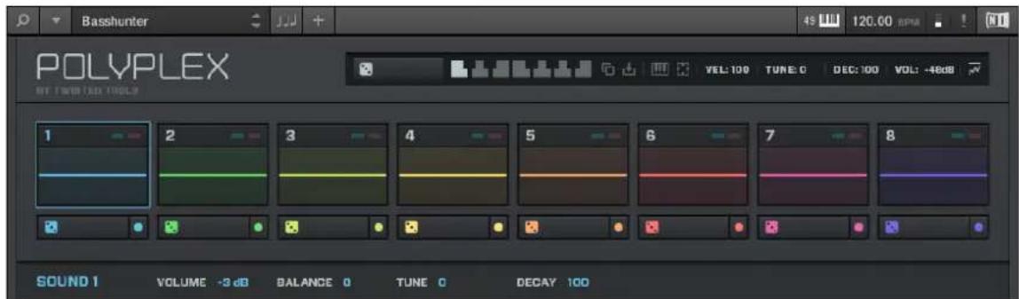 Basshunter POLYPLEX VOL: 100 TUNE: 0 DEC: 100 VOL: -48dB 1 2 3 4 5 6 7 8 SOUND 1 VOLUME -3 dB BALANCE 0 TUNE 0 DECAY 100