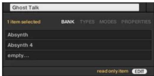 Ghost Talk 1 item selected BANK TYPES MODES PROPERTIES Absynth Absynth 4 empty... read only item EDIT
