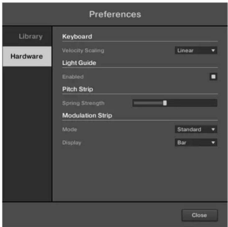 Preferences Library Hardware Keyboard Velocity Scaling Linear Light Guide Enabled Pitch Strip Spring Strength Modulation Strip Mode Standard Display Bar Close
