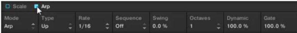 Scale Arp Mode Type Rate Sequence Swing Octaves Dynamic Gate Arp Up 1/16 Off 0.0 % 1 100.0 % 100.0 %