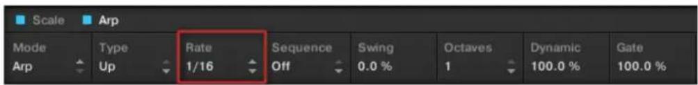 Scale Arp Mode Type Rate Sequence Swing Octaves Dynamic Gate Arp Up 1/16 Off 0.0 % 1 100.0 % 100.0 %
